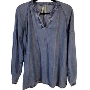 Liverpool Blouse Women's M Sonic Blue Chambray Reglan Sleeve V Neck Boho Casual